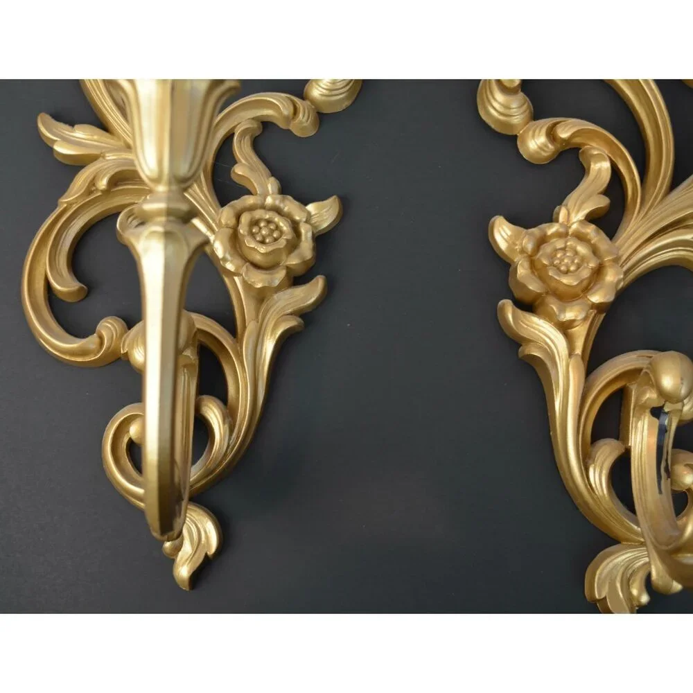 Syroco Vintage Hollywood Regency Gold Painted Candle Sconces with Milkglass Voti